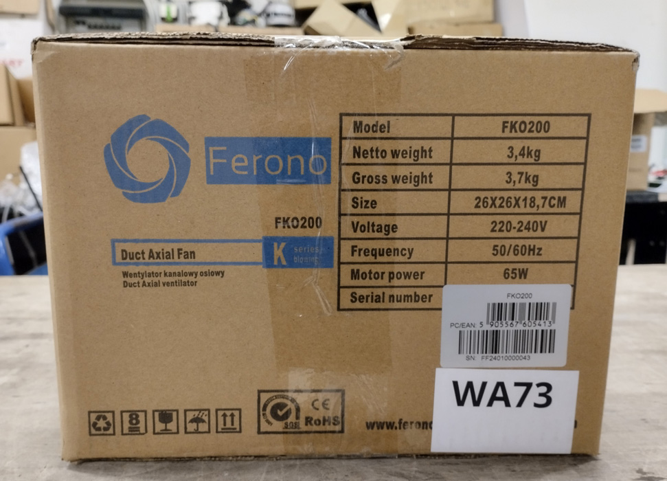 Wyprzedaż (WA73) Wentylator FERONO Kanał. FKO200 wodoszczelny